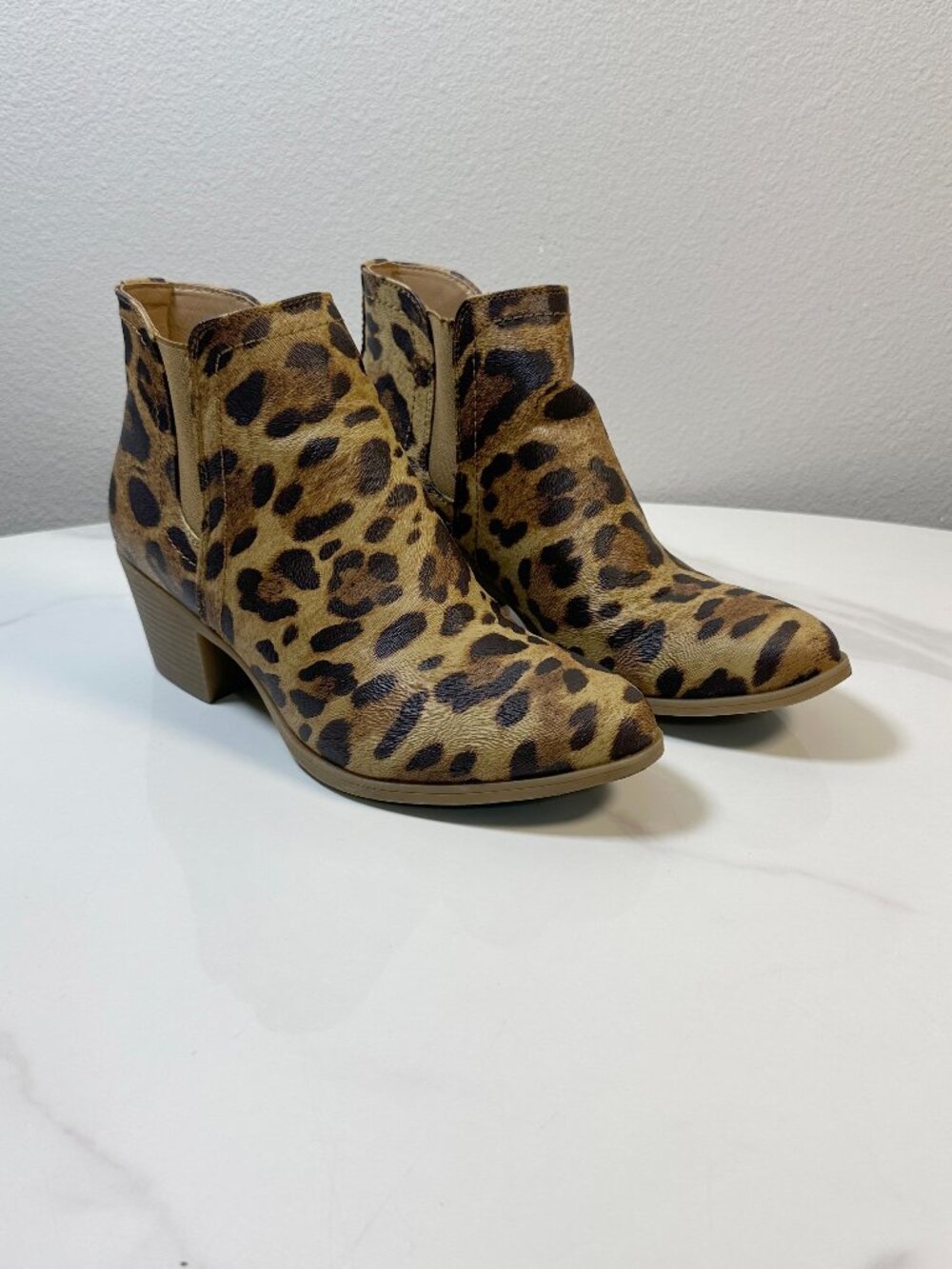 Leopard Print Slip-On Ankle Boots Pointed Toe Block Heel